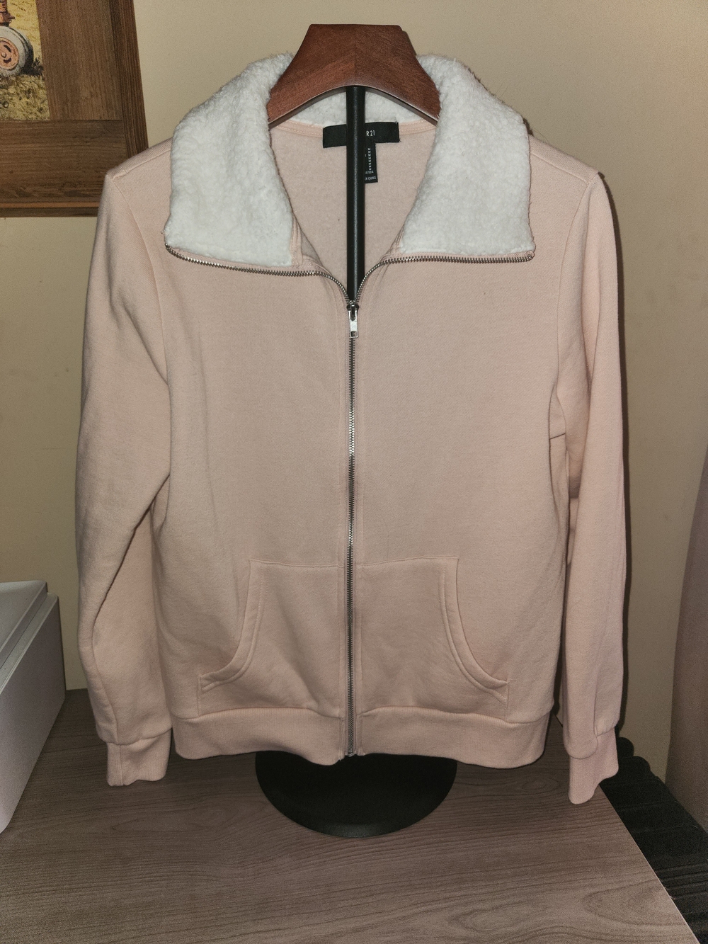 Forever 21 Blush Pink Zip-Up Jacket with White Sherpa Collar